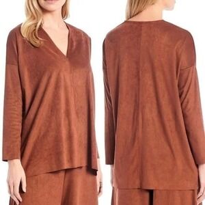 NWT Bryn Walker Long Sleeve V-Neck Top Faux Suede Sequoia Brown Size Large $135